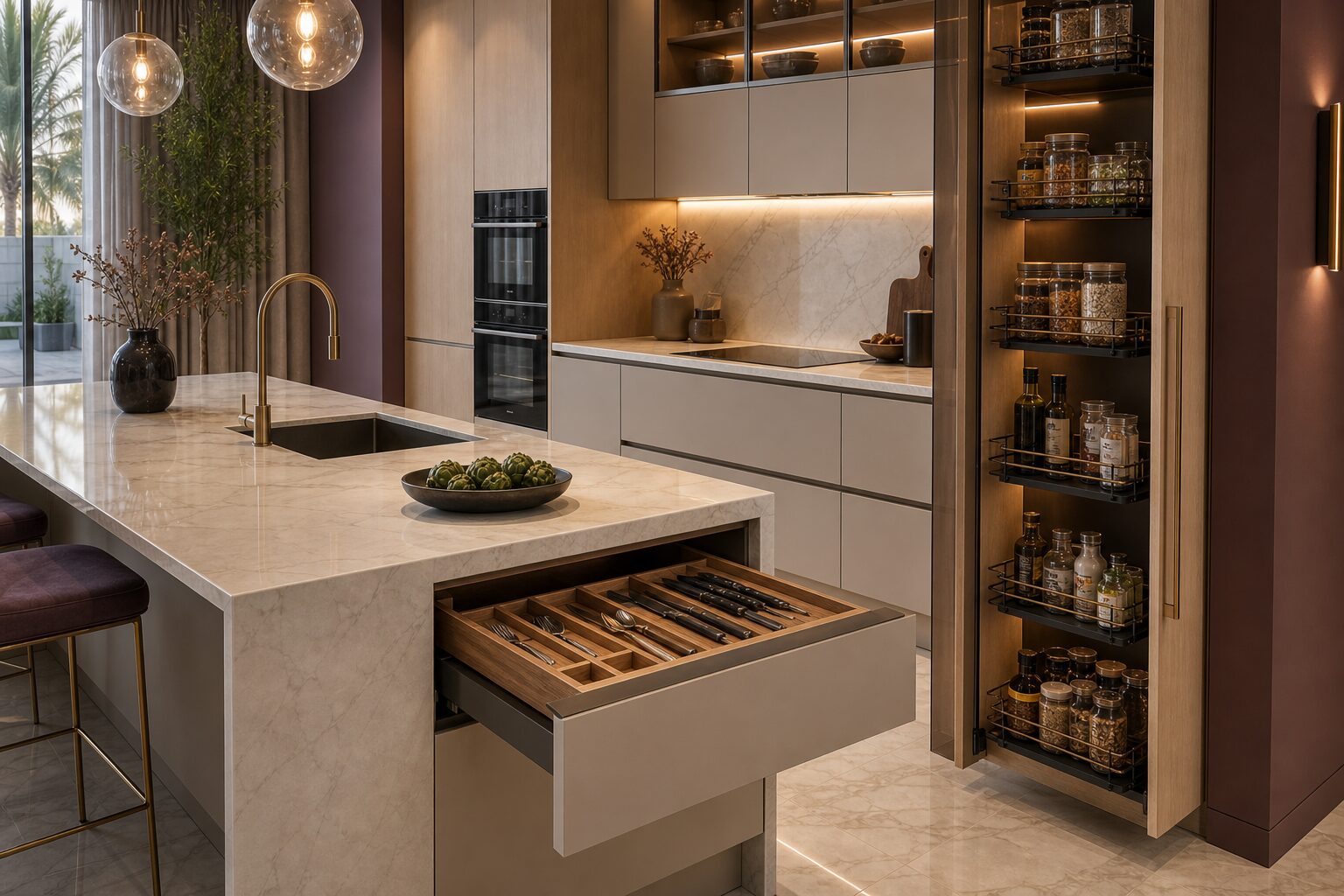 Grove Design bespoke light-oak kitchen with marble island in a Dubai home